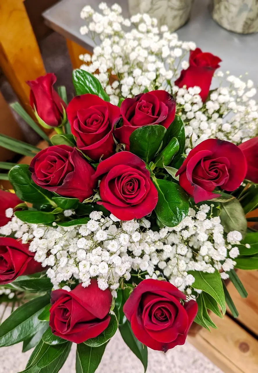 Bouquet of red roses with baby's breath