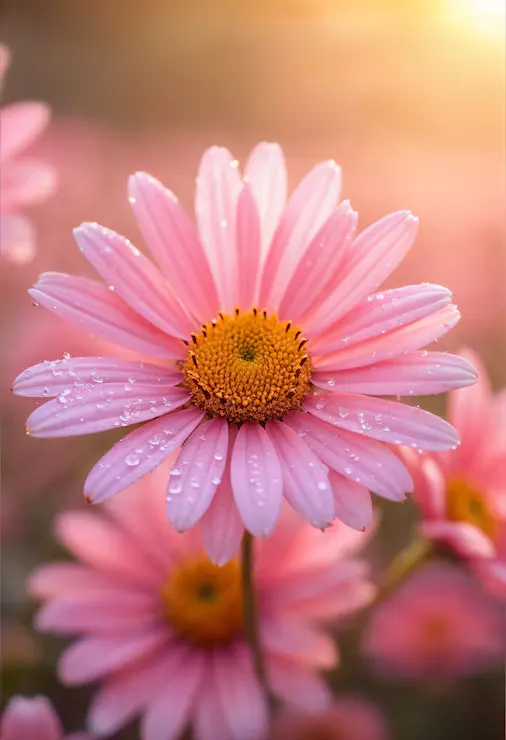 Pink daisies with dew drops in morning light