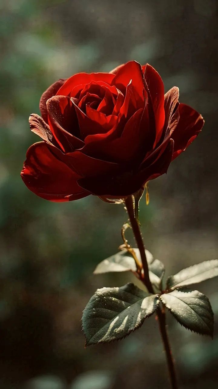 Single deep red rose on its stem