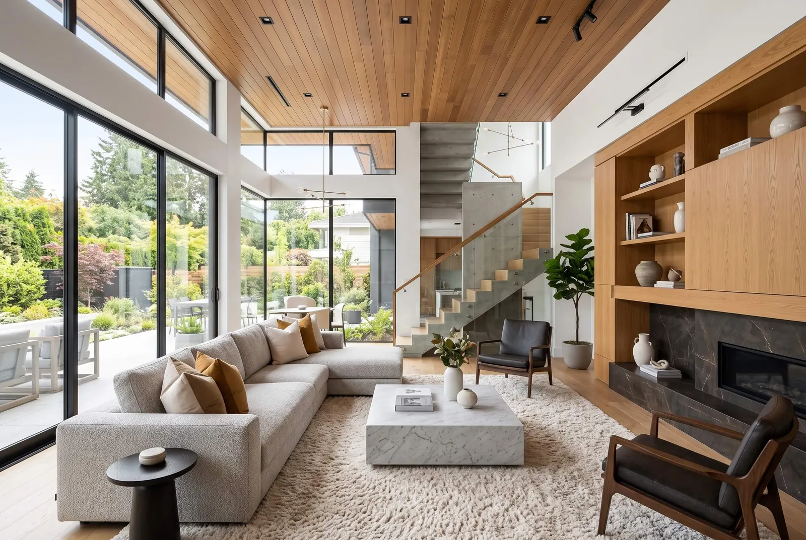 Double-height living room with wood ceiling and glass walls