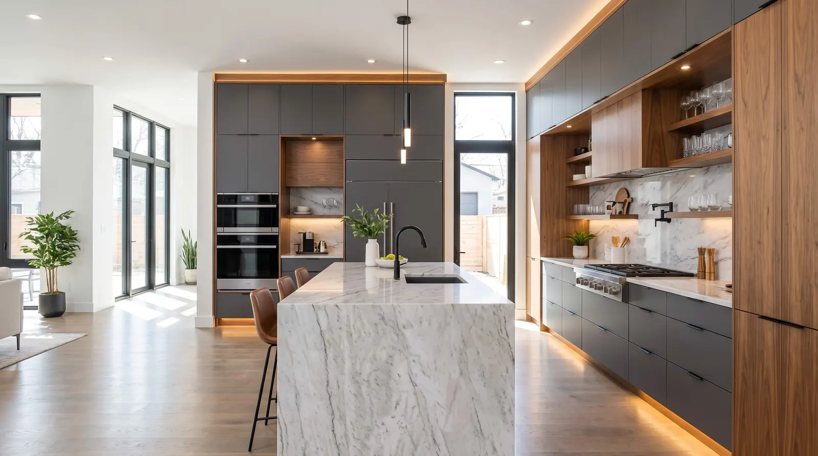 Kitchen with marble island and dark wood cabinets