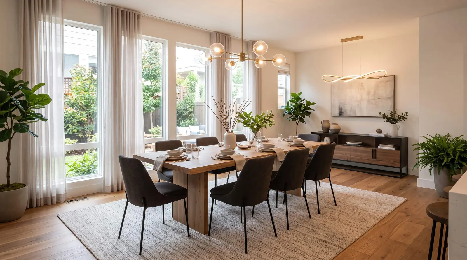 Dining room with long wooden table by tall windows