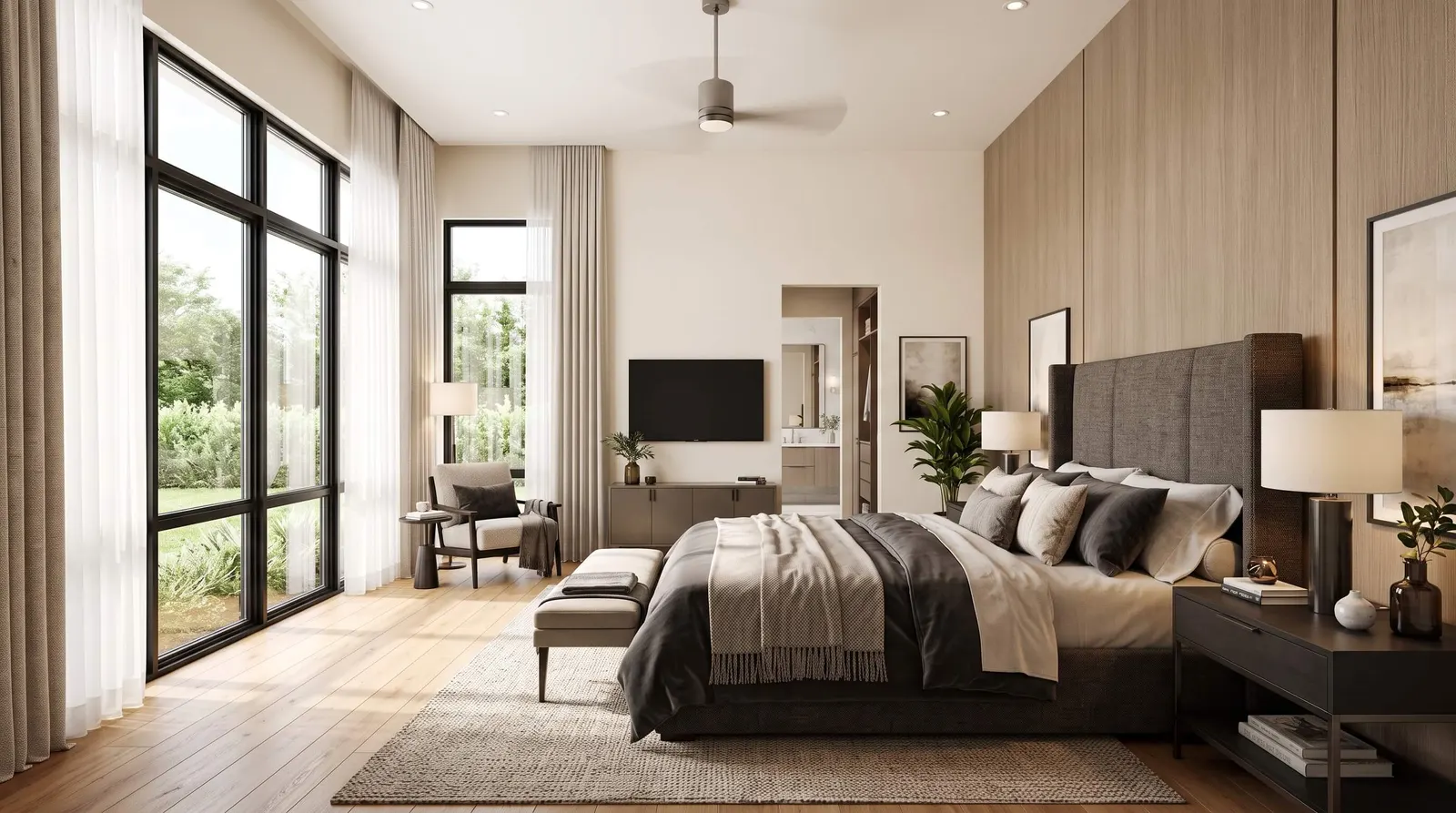 Master bedroom with large windows and wood panel wall