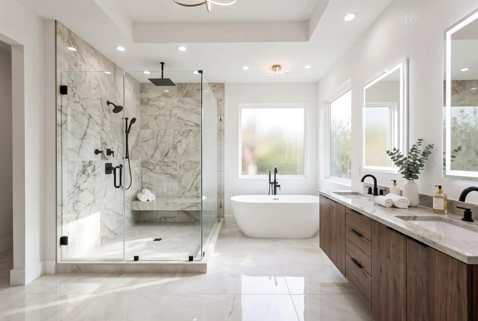 Master bath with glass shower and freestanding tub